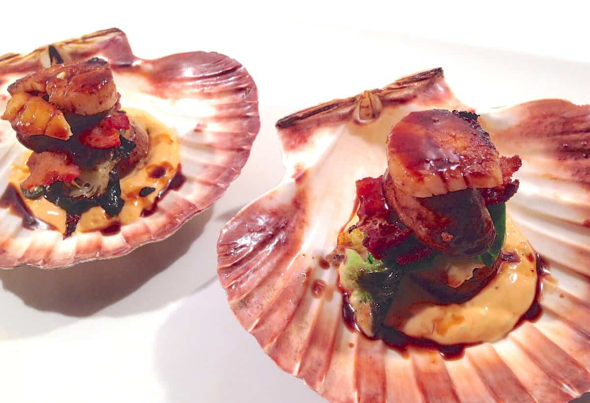 Seared and Stuffed Sea Scallops with Sriracha-Orange Coulis Hoisin Glaze