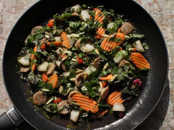 Allspiced-Up Maple Glazed Sausage and Pear Skillet Salad
