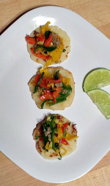 Mini Pepper Jack Arepitas with Chorizo-Pepper Rajas