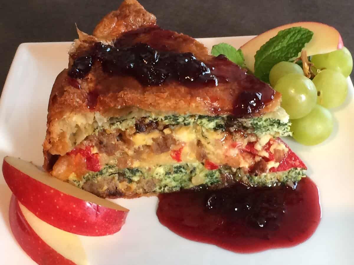 Layered Breakfast Torte with a Warm Cherry-Cayenne Balsamic Sauce