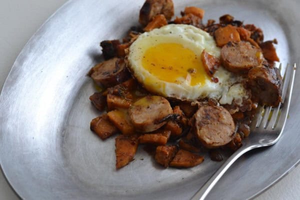 Sausage, egg and butternut squash hash