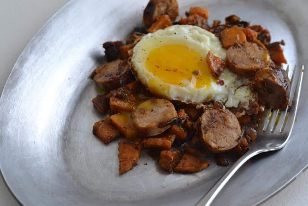 Sausage, egg and butternut squash hash