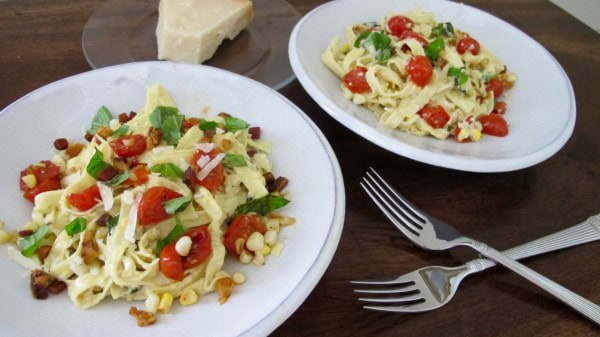 Fettuccine with Fresh Corn Pestare and Seared Grape Tomatoes