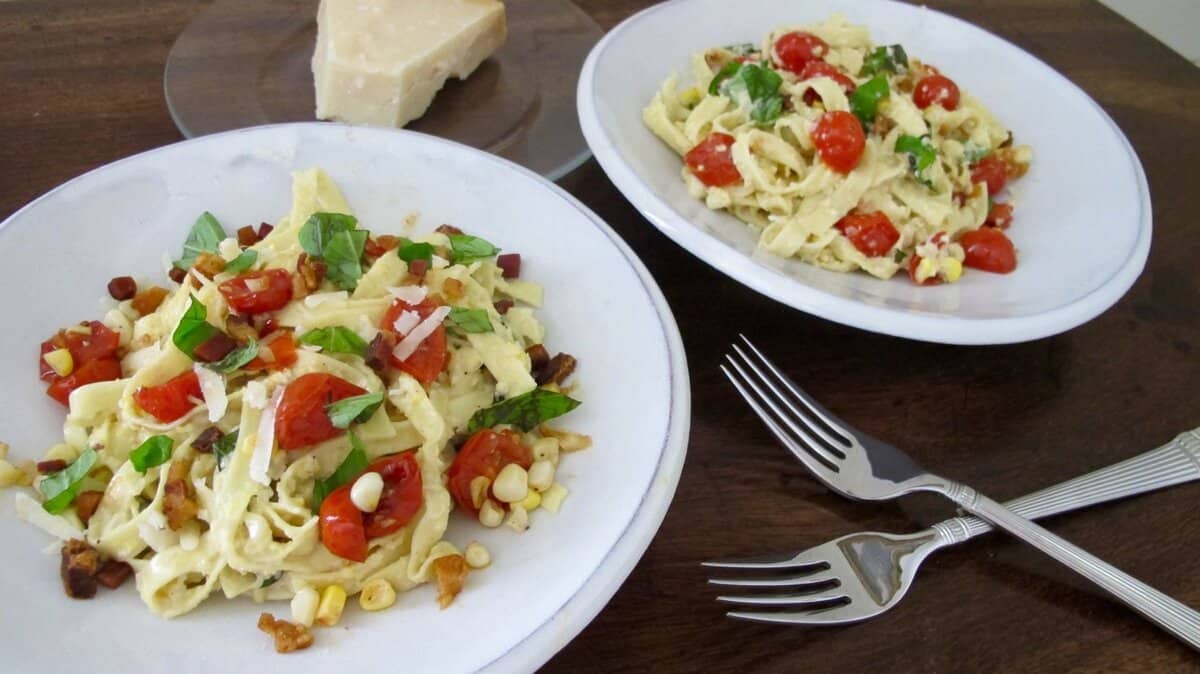 Fettuccine with Fresh Corn Pestare and Seared Grape Tomatoes