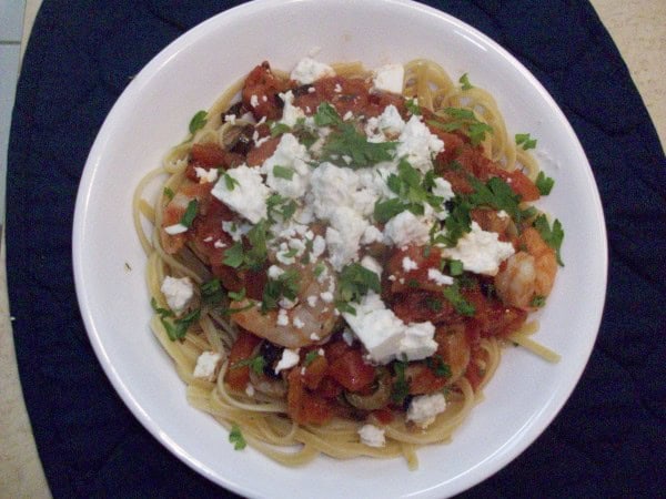 Olive, Feta and Shrimp Linguine
