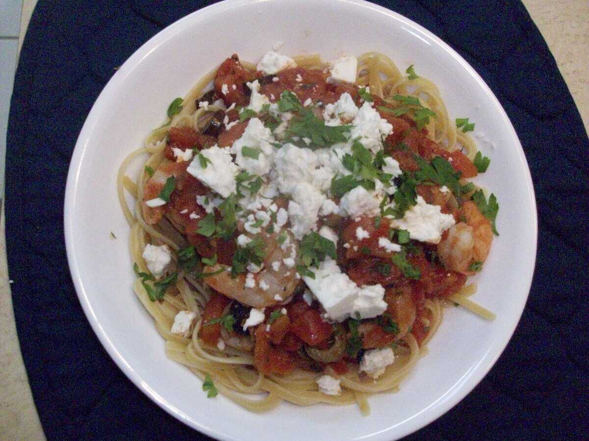 Olive, Feta and Shrimp Linguine