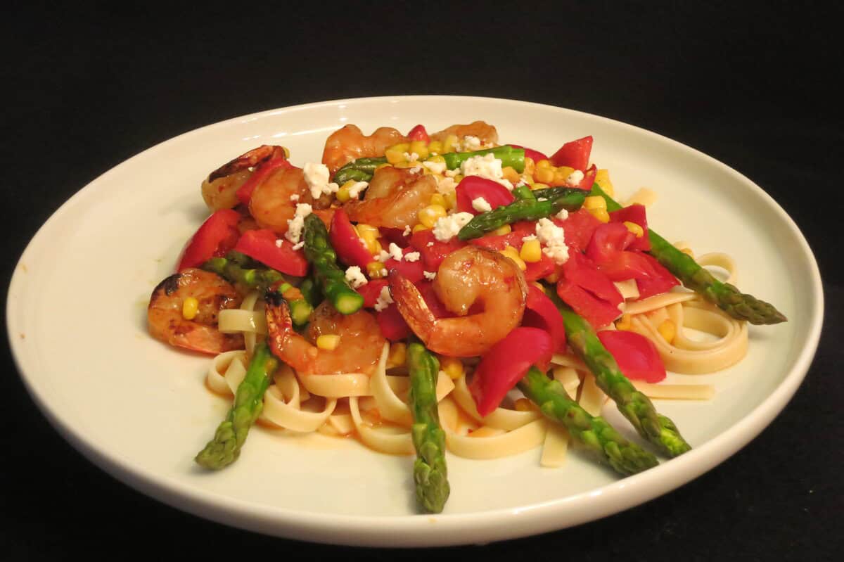Spicy Grilled Shrimp with Fettuccine and Asparagus